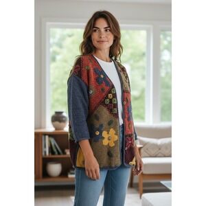 VTG Susan Bristol Patchwork Cottagecore Knit Cardigan Sweater Women L Grannycore